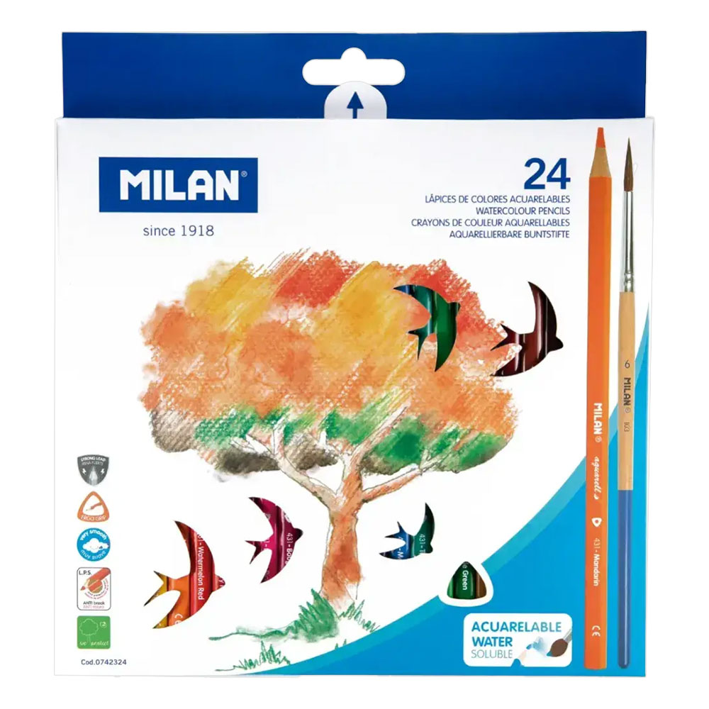 Цветни моливи MILAN акварел 24 цвята и четка - Image 1