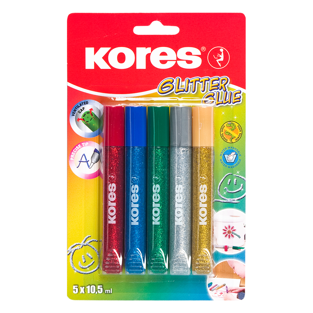 Течно лепило Kores Glitter Pastel - 5 броя, неон/пастел - Image 1